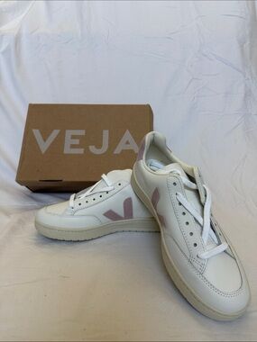 Veja Leather Sneakers in White with Light Pink Accents (V-12 Leather)